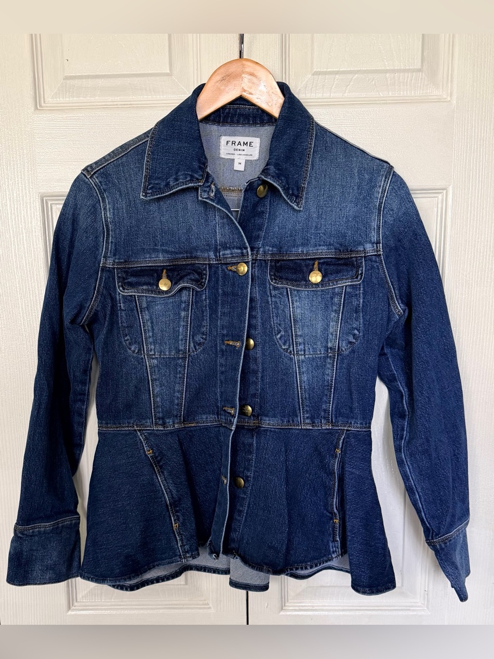 Frame Denim Dark Indigo Peplum Jean Jacket with Gold Buttons